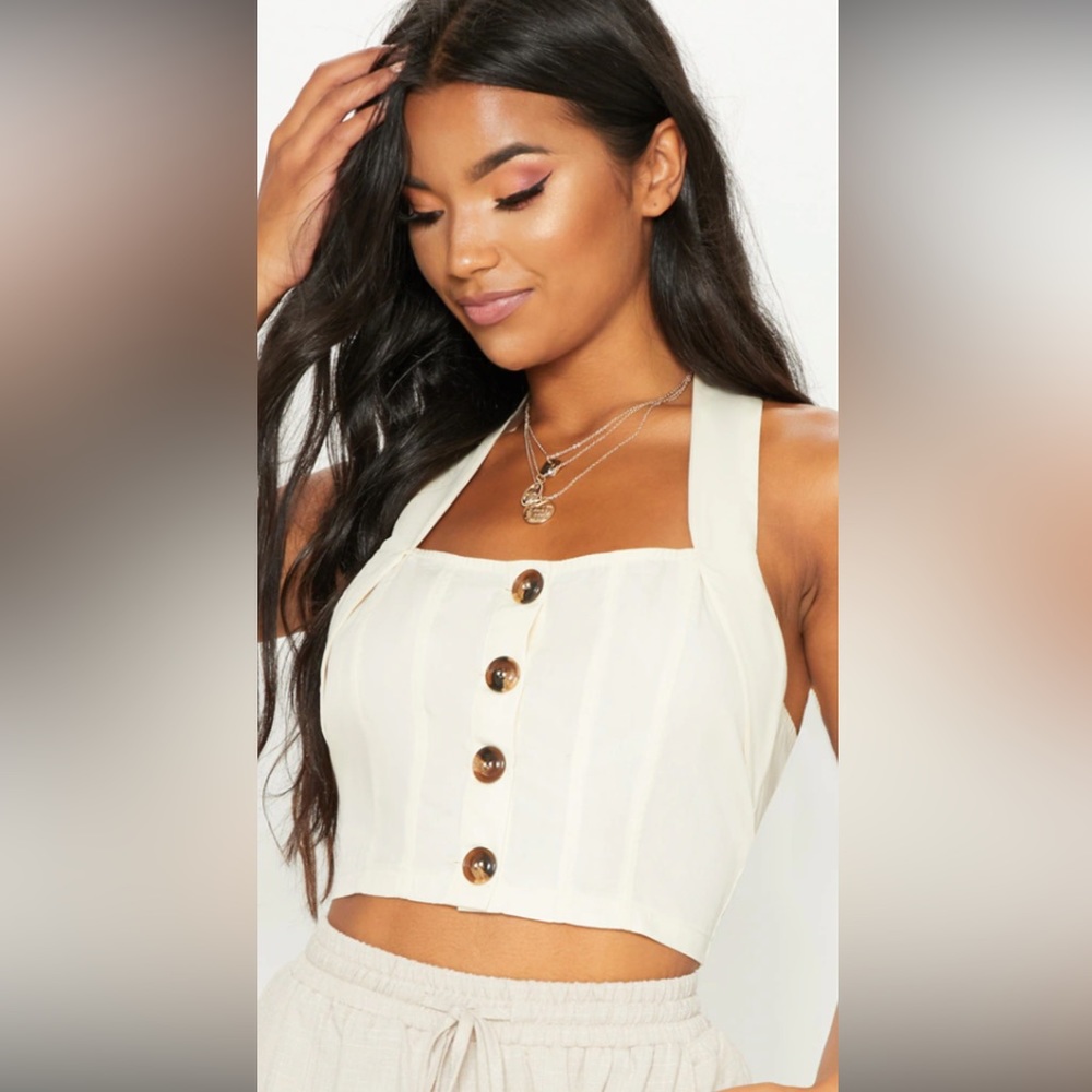 Sand Halter-neck button down crop top